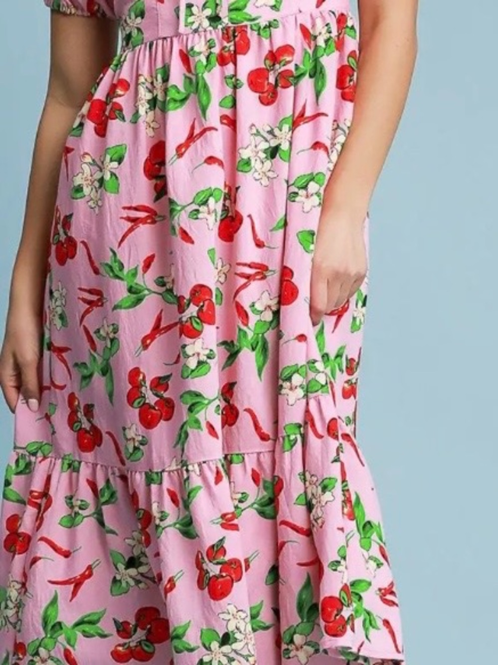 Umgee Pink Midi Dress with Red and Green Peppers - Picture 3 of 10